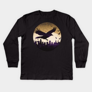 Raven over Baltimore Skyline T-Shirt: A Striking Cutout Tribute in Purple, Black, and Gold Kids Long Sleeve T-Shirt